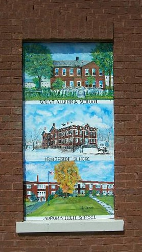Window artwork: Three Old Aurora Schools.